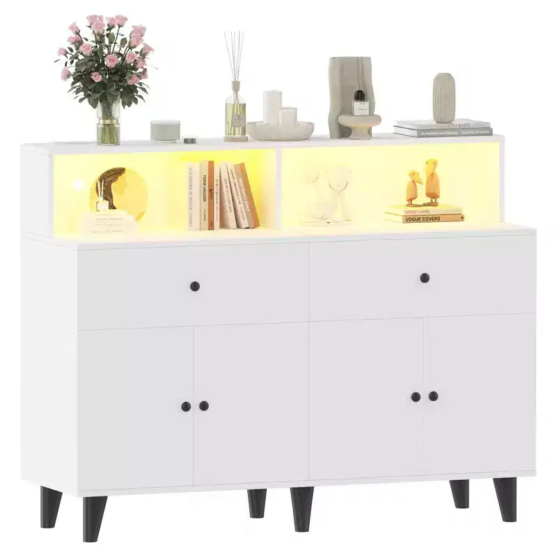 Meuble de rangement de 130 cm avec étagères réglables, buffet de bar à café en bois avec tiroirs, armoire de garde-manger autoportante pour cuisine ou salle à manger