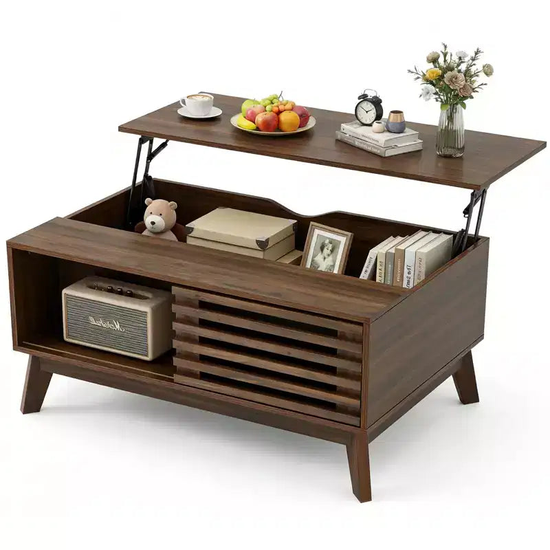 Table basse moderne en bois avec plateau relevable, porte coulissante à lattes et rangement dissimulé
