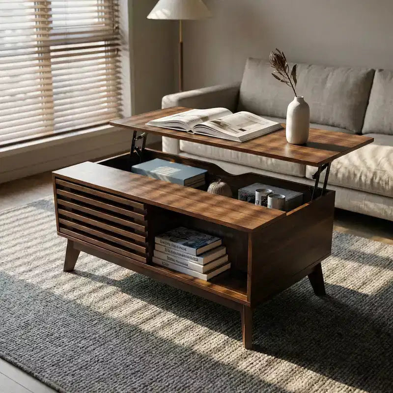 Table basse moderne en bois avec plateau relevable, porte coulissante à lattes et rangement dissimulé