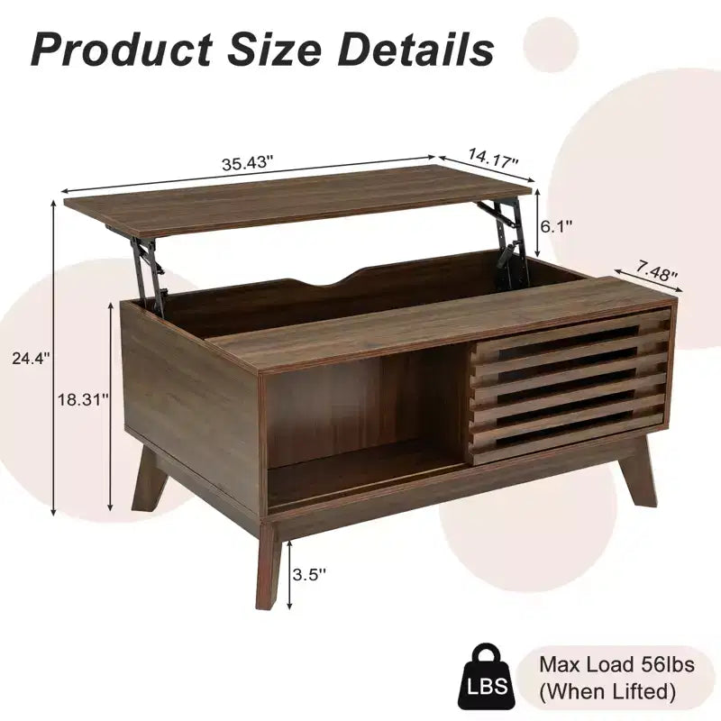 Table basse moderne en bois avec plateau relevable, porte coulissante à lattes et rangement dissimulé