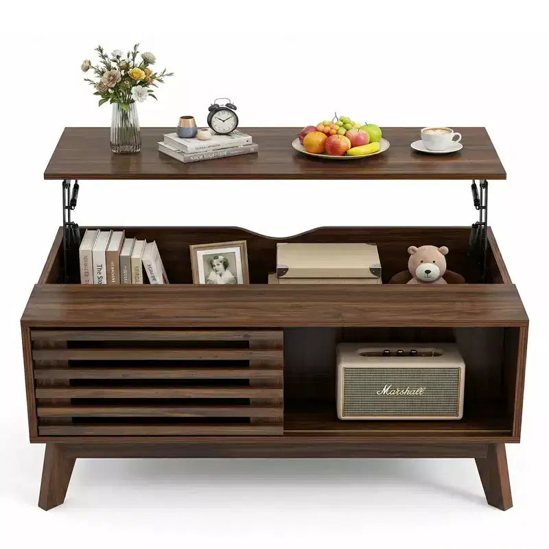Table basse moderne en bois avec plateau relevable, porte coulissante à lattes et rangement dissimulé