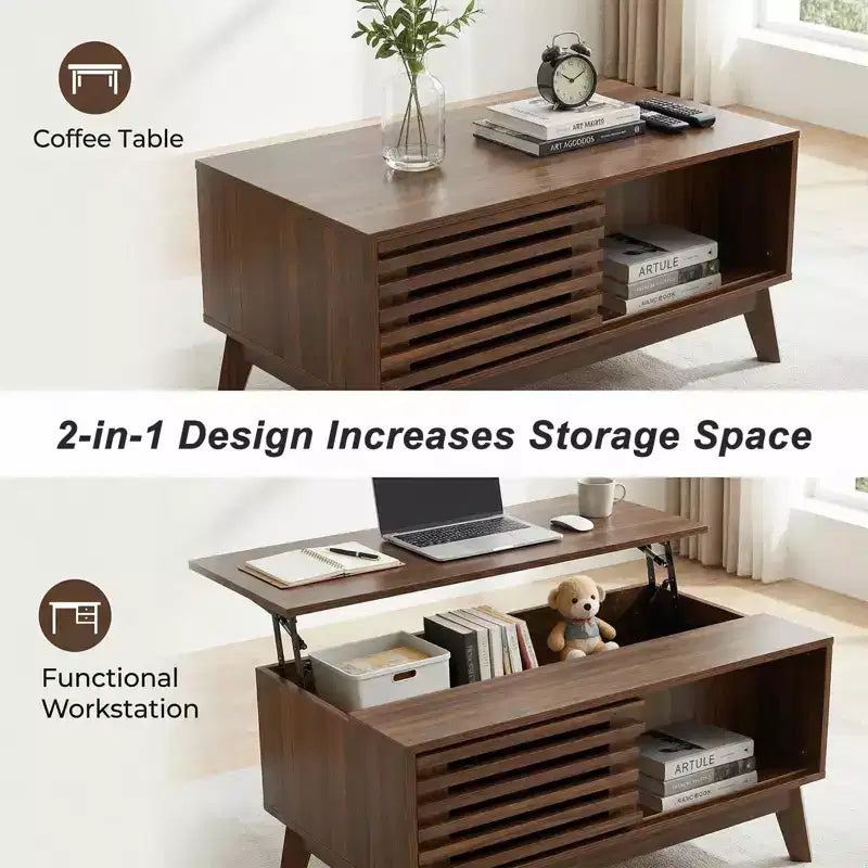 Table basse moderne en bois avec plateau relevable, porte coulissante à lattes et rangement dissimulé