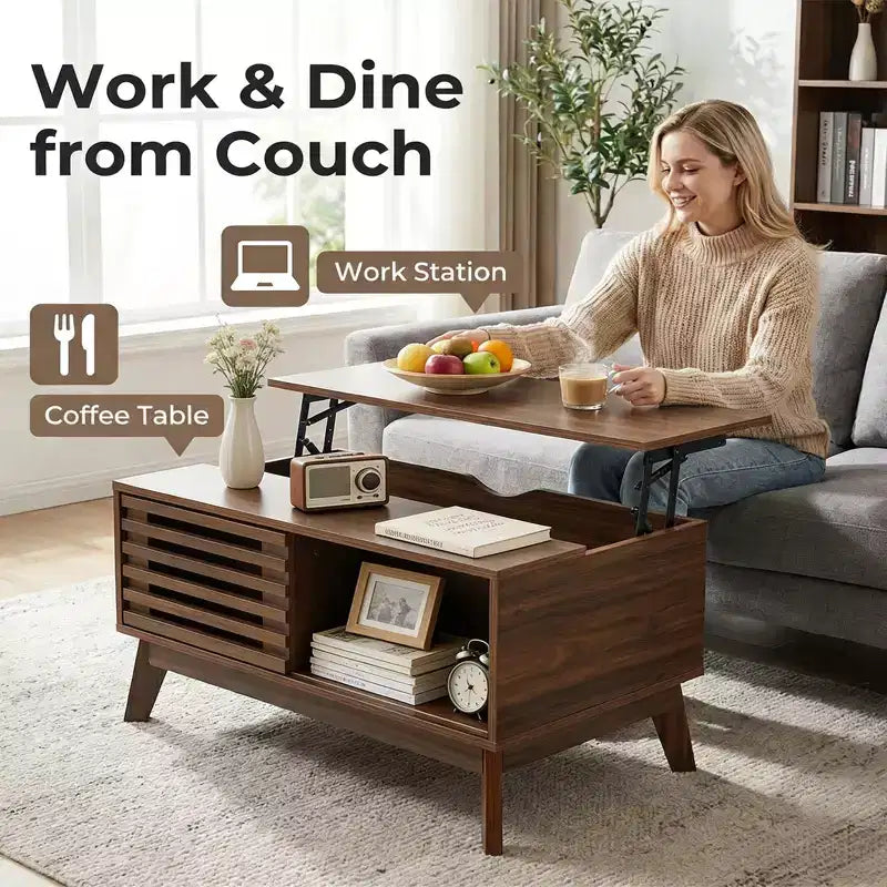 Table basse moderne en bois avec plateau relevable, porte coulissante à lattes et rangement dissimulé