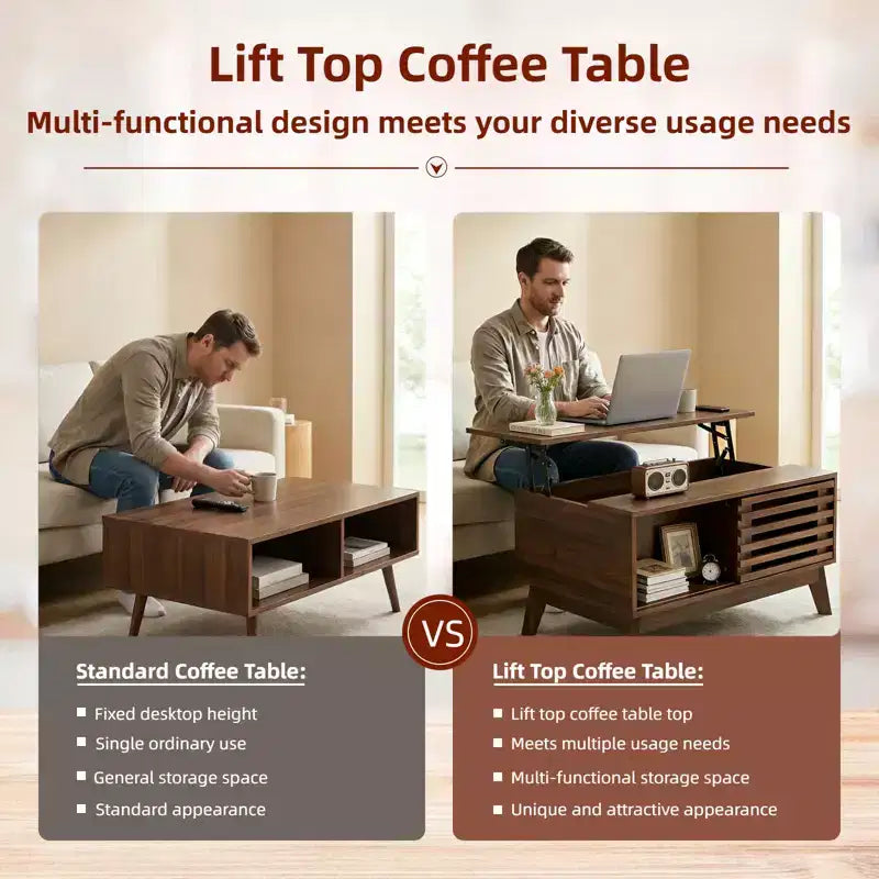 Table basse moderne en bois avec plateau relevable, porte coulissante à lattes et rangement dissimulé