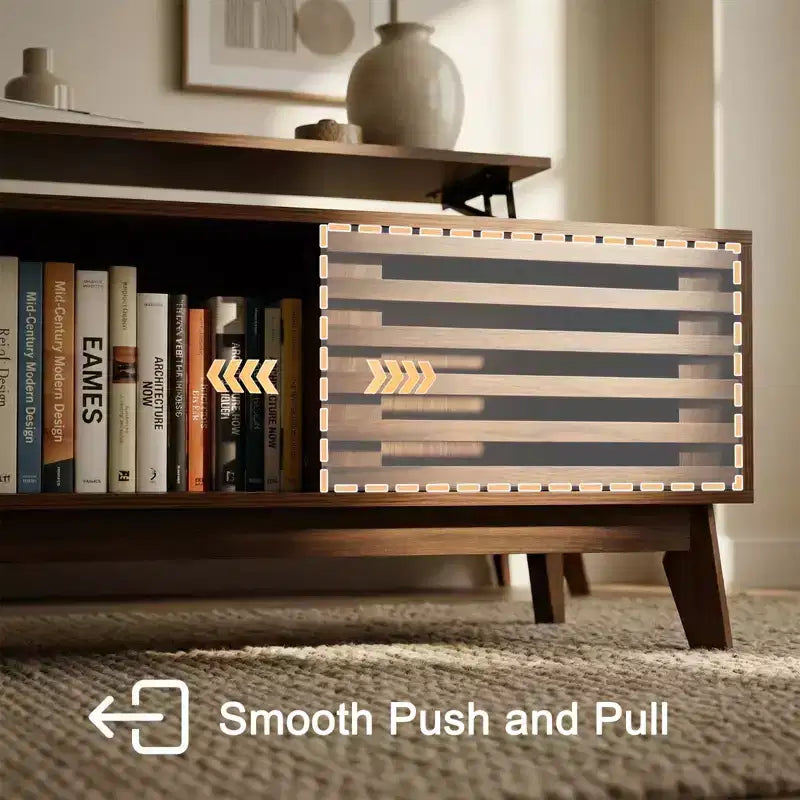 Table basse moderne en bois avec plateau relevable, porte coulissante à lattes et rangement dissimulé