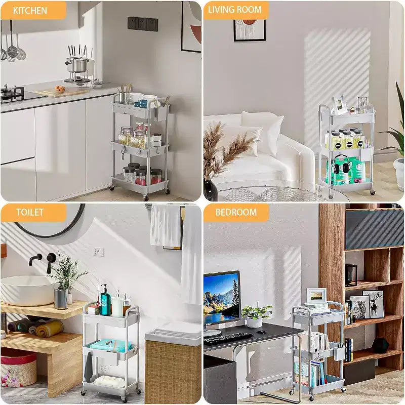 Chariot de rangement à roulettes 3 niveaux avec tiroir, Chariot de rangement en plastique avec roulettes, Roulettes verrouillables pour cuisine, salle de bain, bureau, chambre