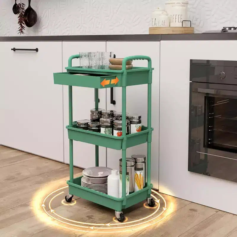Chariot de rangement à roulettes 3 niveaux avec tiroir, Chariot de rangement en plastique avec roulettes, Roulettes verrouillables pour cuisine, salle de bain, bureau, chambre