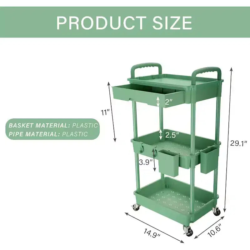 Chariot de rangement à roulettes 3 niveaux avec tiroir, Chariot de rangement en plastique avec roulettes, Roulettes verrouillables pour cuisine, salle de bain, bureau, chambre