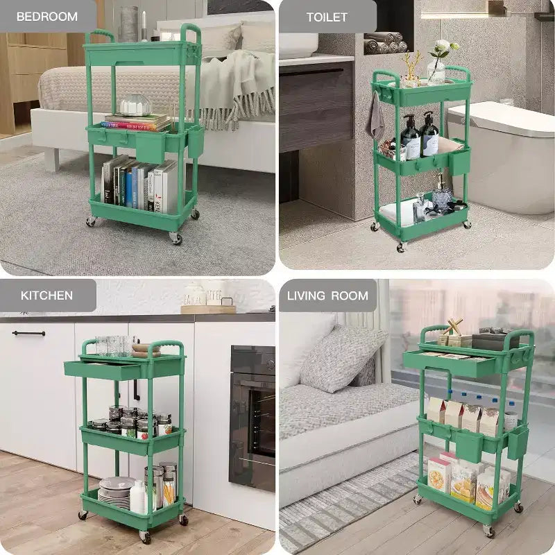 Chariot de rangement à roulettes 3 niveaux avec tiroir, Chariot de rangement en plastique avec roulettes, Roulettes verrouillables pour cuisine, salle de bain, bureau, chambre
