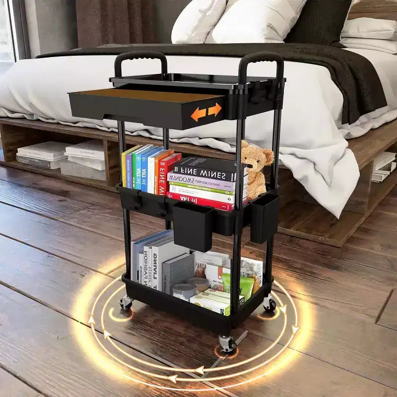 Chariot de rangement à roulettes 3 niveaux avec tiroir, Chariot de rangement en plastique avec roulettes, Roulettes verrouillables pour cuisine, salle de bain, bureau, chambre