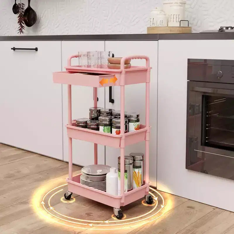 Chariot de rangement à roulettes 3 niveaux avec tiroir, Chariot de rangement en plastique avec roulettes, Roulettes verrouillables pour cuisine, salle de bain, bureau, chambre