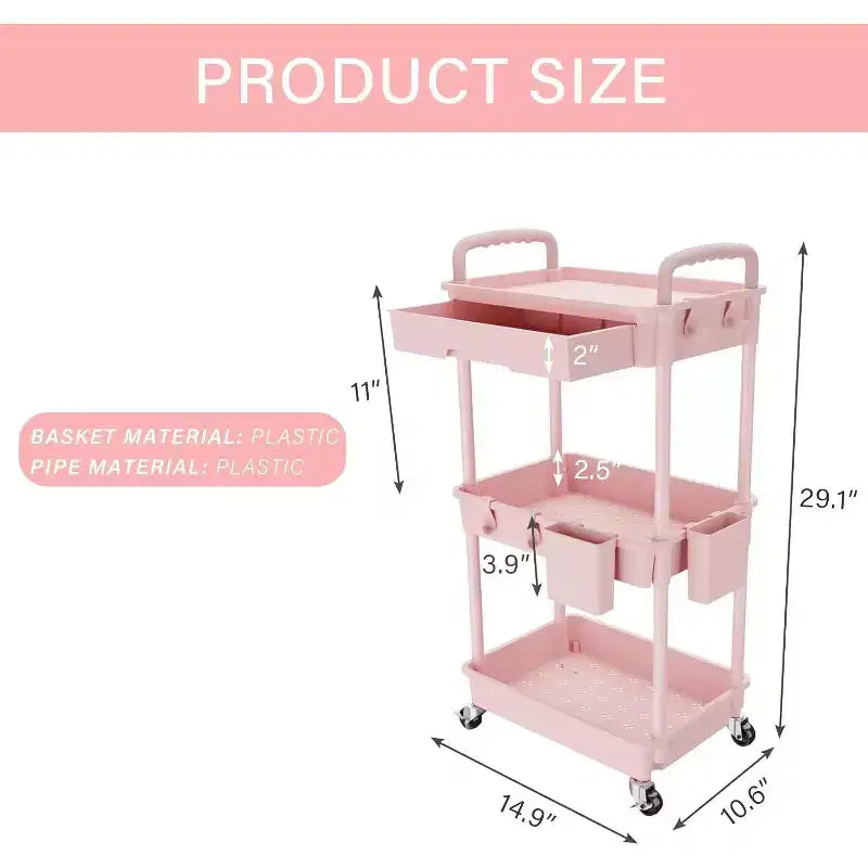 Chariot de rangement à roulettes 3 niveaux avec tiroir, Chariot de rangement en plastique avec roulettes, Roulettes verrouillables pour cuisine, salle de bain, bureau, chambre