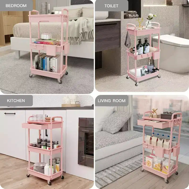 Chariot de rangement à roulettes 3 niveaux avec tiroir, Chariot de rangement en plastique avec roulettes, Roulettes verrouillables pour cuisine, salle de bain, bureau, chambre