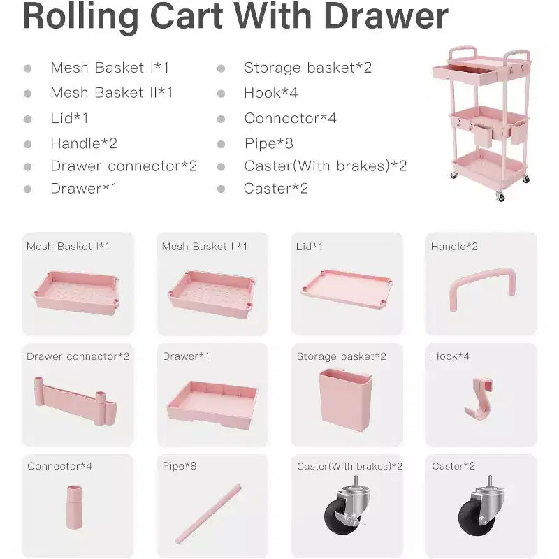 Chariot de rangement à roulettes 3 niveaux avec tiroir, Chariot de rangement en plastique avec roulettes, Roulettes verrouillables pour cuisine, salle de bain, bureau, chambre