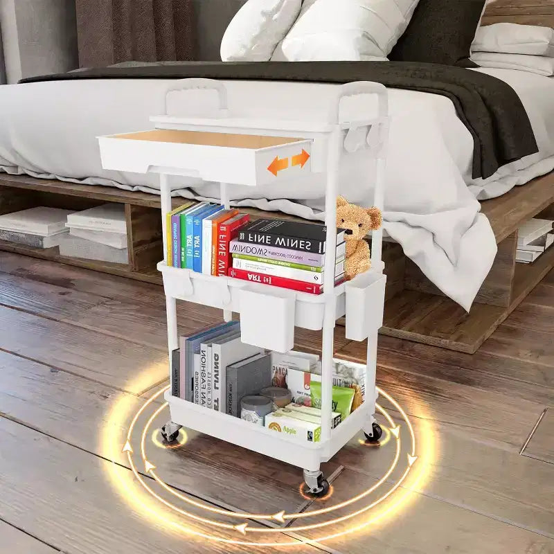 Chariot de rangement à roulettes 3 niveaux avec tiroir, Chariot de rangement en plastique avec roulettes, Roulettes verrouillables pour cuisine, salle de bain, bureau, chambre