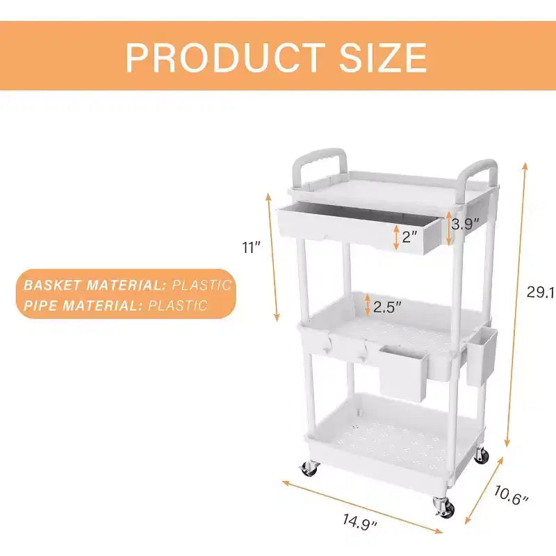 Chariot de rangement à roulettes 3 niveaux avec tiroir, Chariot de rangement en plastique avec roulettes, Roulettes verrouillables pour cuisine, salle de bain, bureau, chambre