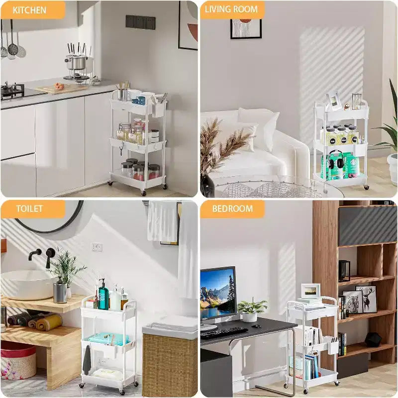 Chariot de rangement à roulettes 3 niveaux avec tiroir, Chariot de rangement en plastique avec roulettes, Roulettes verrouillables pour cuisine, salle de bain, bureau, chambre