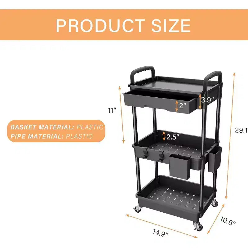 Chariot de rangement à roulettes 3 niveaux avec tiroir, Chariot de rangement en plastique avec roulettes, Roulettes verrouillables pour cuisine, salle de bain, bureau, chambre