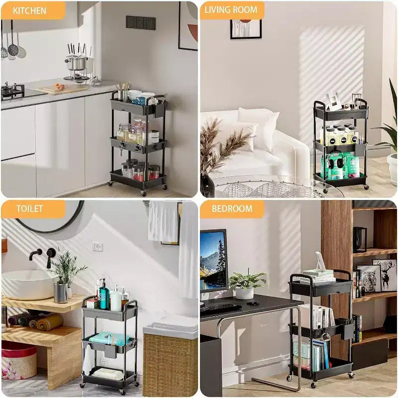 Chariot de rangement à roulettes 3 niveaux avec tiroir, Chariot de rangement en plastique avec roulettes, Roulettes verrouillables pour cuisine, salle de bain, bureau, chambre