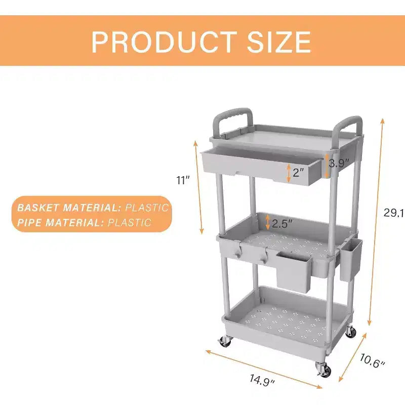 Chariot de rangement à roulettes 3 niveaux avec tiroir, Chariot de rangement en plastique avec roulettes, Roulettes verrouillables pour cuisine, salle de bain, bureau, chambre