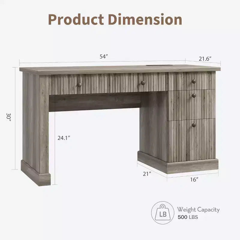Bureau de direction moderne 54 pouces avec station de charge et tiroirs de classement, bureau d'ordinateur en bois cannelé avec rangement pour l'étude à domicile