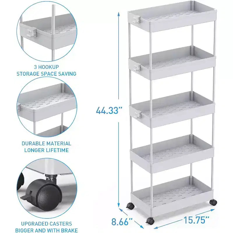 Chariot de rangement à 5 niveaux, desserte roulante, étagère de rangement mobile coulissante pour cuisine, salle de bain, buanderie et commode
