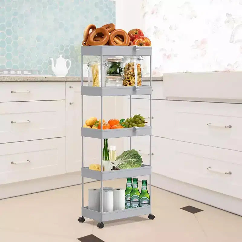 Chariot de rangement à 5 niveaux, desserte roulante, étagère de rangement mobile coulissante pour cuisine, salle de bain, buanderie et commode