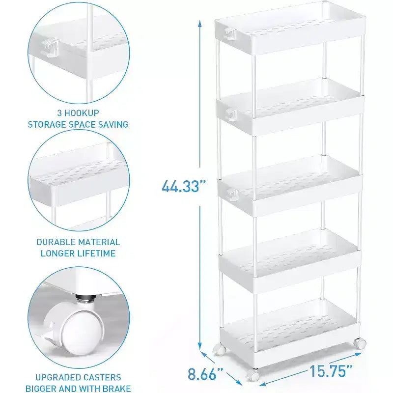 Chariot de rangement à 5 niveaux, desserte roulante, étagère de rangement mobile coulissante pour cuisine, salle de bain, buanderie et commode