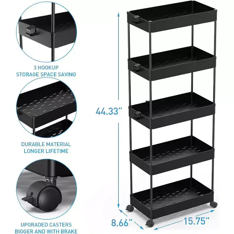 Chariot de rangement à 5 niveaux, desserte roulante, étagère de rangement mobile coulissante pour cuisine, salle de bain, buanderie et commode