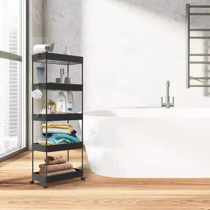 Chariot de rangement à 5 niveaux, desserte roulante, étagère de rangement mobile coulissante pour cuisine, salle de bain, buanderie et commode