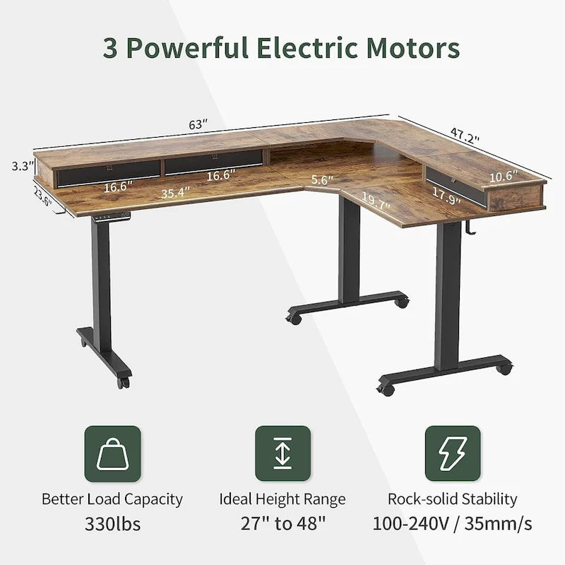 Bureau d'angle électrique debout avec 3 tiroirs et roulettes verrouillables, 160