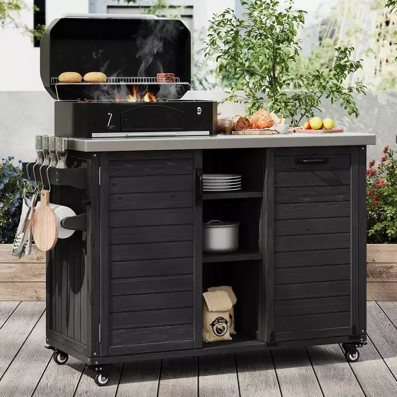 Îlot de cuisine extérieure de 198,9 cm avec comptoir en acier inoxydable, station de barbecue pliable et armoires de rangement, noir