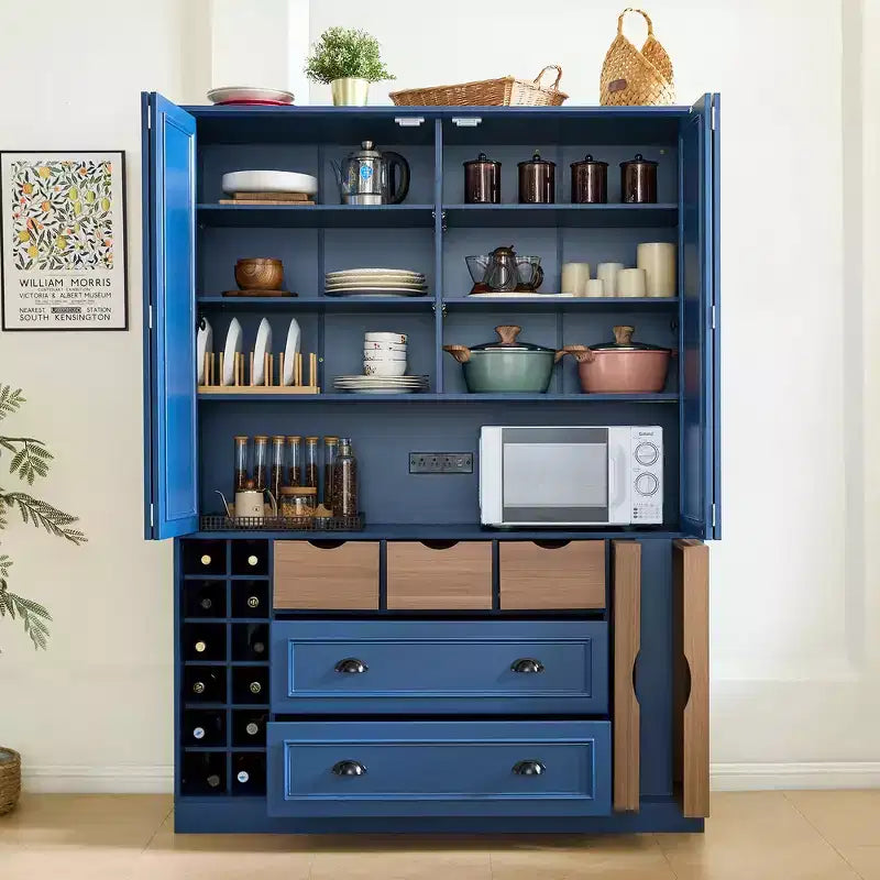 Garde-manger de cuisine autoportant Whisen de 180 cm de haut, grand buffet de salle à manger avec 4 portes pliantes, étagères, porte-bouteilles