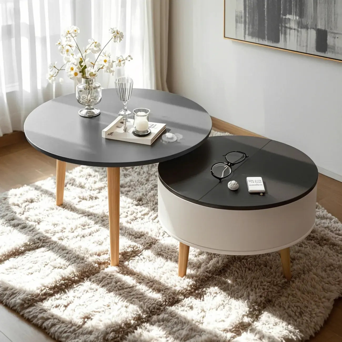 Table basse ronde moderne en bois noir et blanc avec rangement