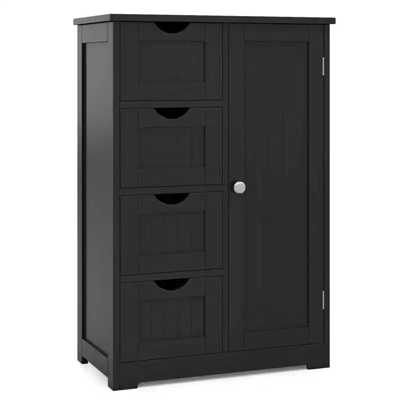 Meuble de salle de bain Costway en bois à 4 tiroirs, armoire de rangement au sol, 2 étagères, autoportant, blanc/marron/gris/noir