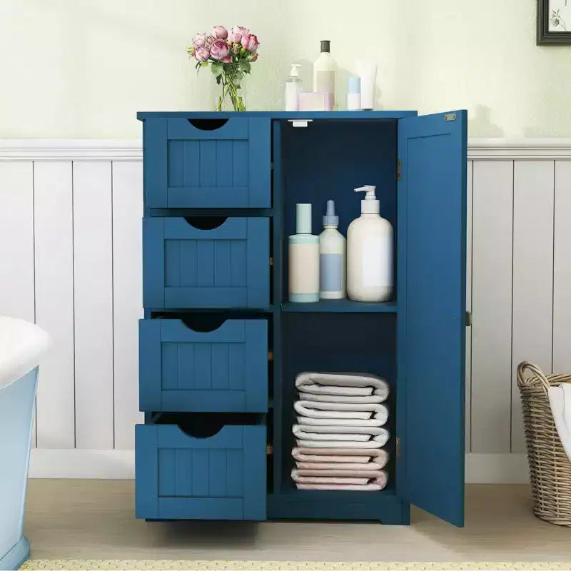 Meuble de salle de bain Costway en bois à 4 tiroirs, armoire de rangement au sol, 2 étagères, autoportant, blanc/marron/gris/noir