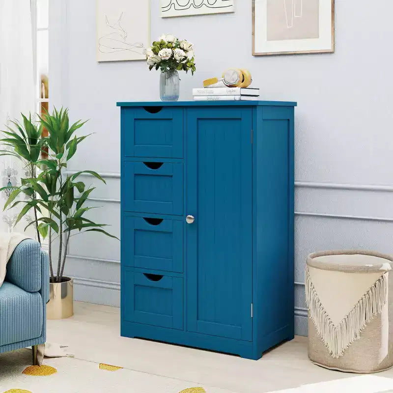 Meuble de salle de bain Costway en bois à 4 tiroirs, armoire de rangement au sol, 2 étagères, autoportant, blanc/marron/gris/noir