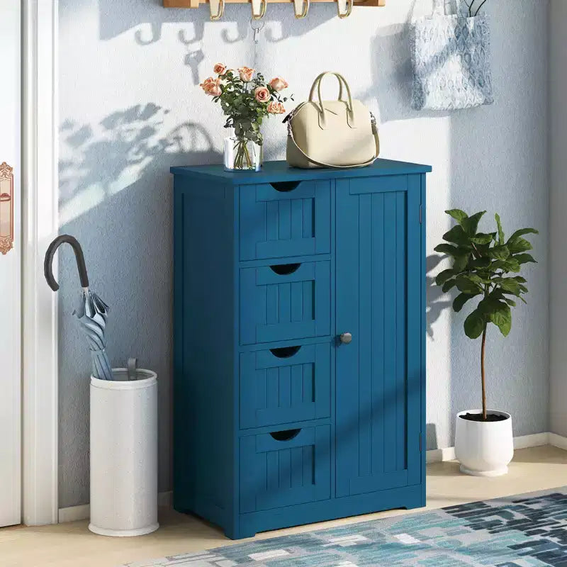 Meuble de salle de bain Costway en bois à 4 tiroirs, armoire de rangement au sol, 2 étagères, autoportant, blanc/marron/gris/noir