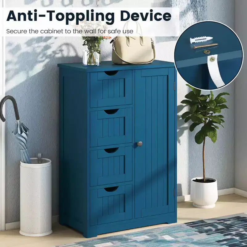 Meuble de salle de bain Costway en bois à 4 tiroirs, armoire de rangement au sol, 2 étagères, autoportant, blanc/marron/gris/noir
