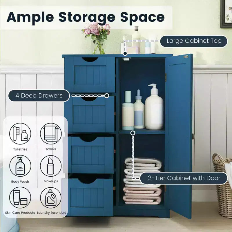 Meuble de salle de bain Costway en bois à 4 tiroirs, armoire de rangement au sol, 2 étagères, autoportant, blanc/marron/gris/noir