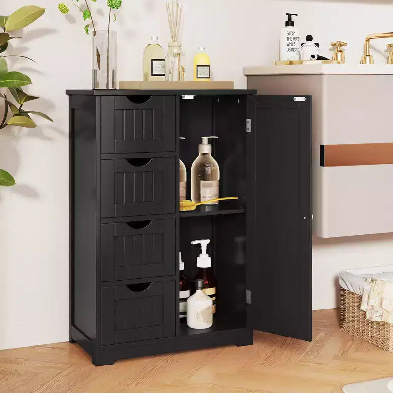 Meuble de salle de bain Costway en bois à 4 tiroirs, armoire de rangement au sol, 2 étagères, autoportant, blanc/marron/gris/noir
