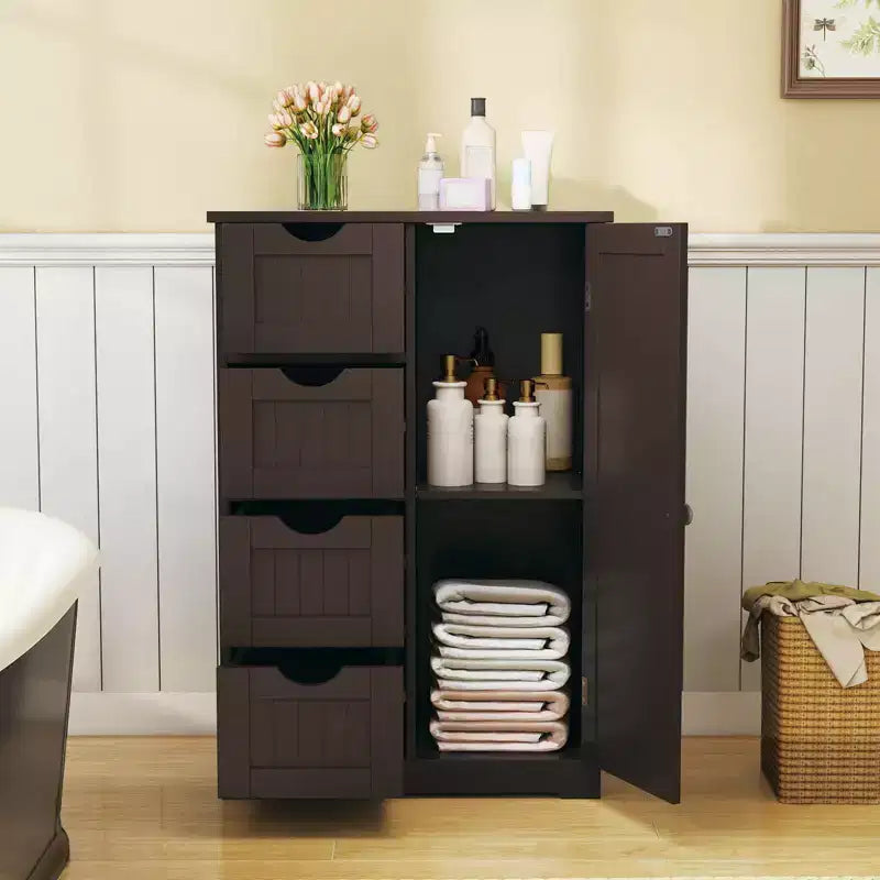 Meuble de salle de bain Costway en bois à 4 tiroirs, armoire de rangement au sol, 2 étagères, autoportant, blanc/marron/gris/noir