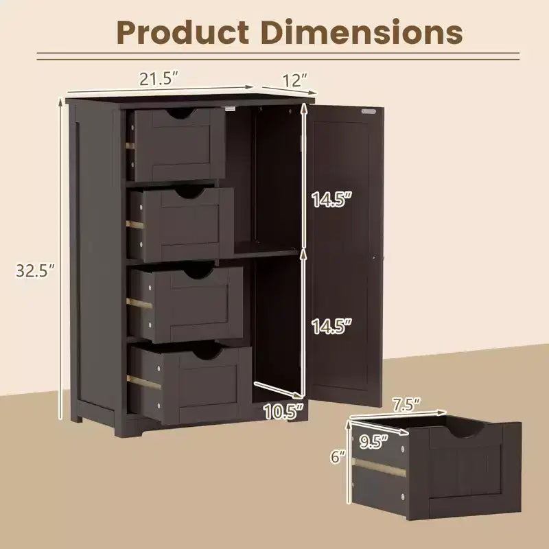 Meuble de salle de bain Costway en bois à 4 tiroirs, armoire de rangement au sol, 2 étagères, autoportant, blanc/marron/gris/noir