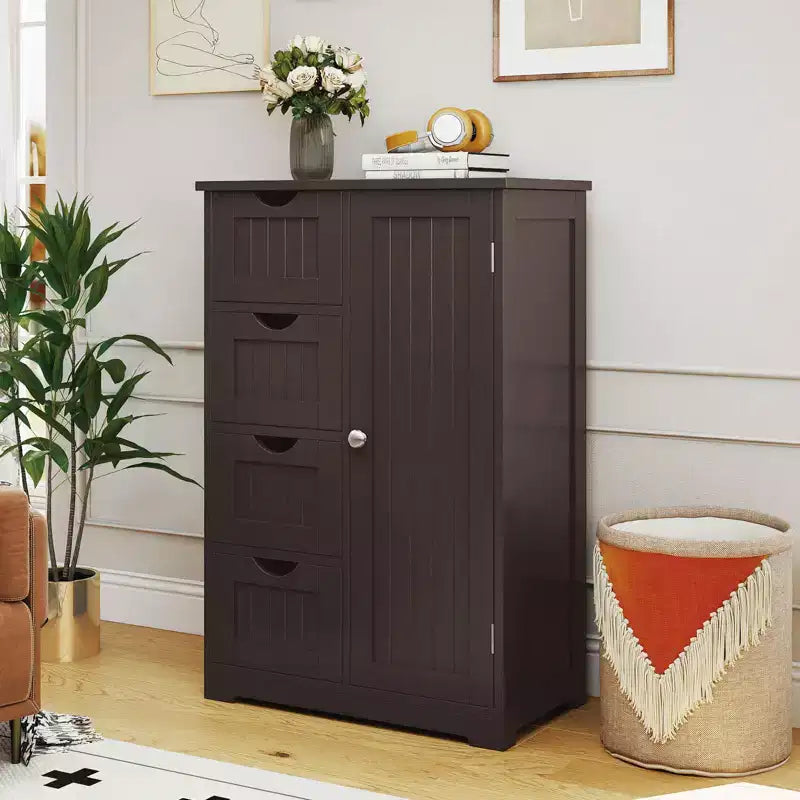Meuble de salle de bain Costway en bois à 4 tiroirs, armoire de rangement au sol, 2 étagères, autoportant, blanc/marron/gris/noir