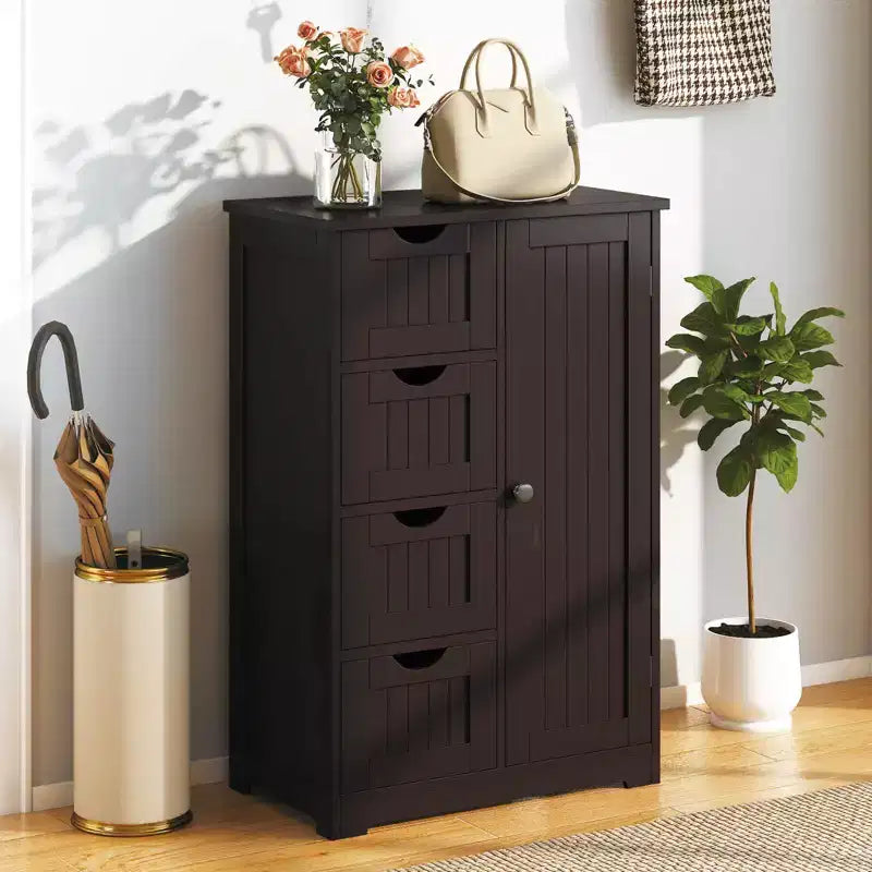 Meuble de salle de bain Costway en bois à 4 tiroirs, armoire de rangement au sol, 2 étagères, autoportant, blanc/marron/gris/noir