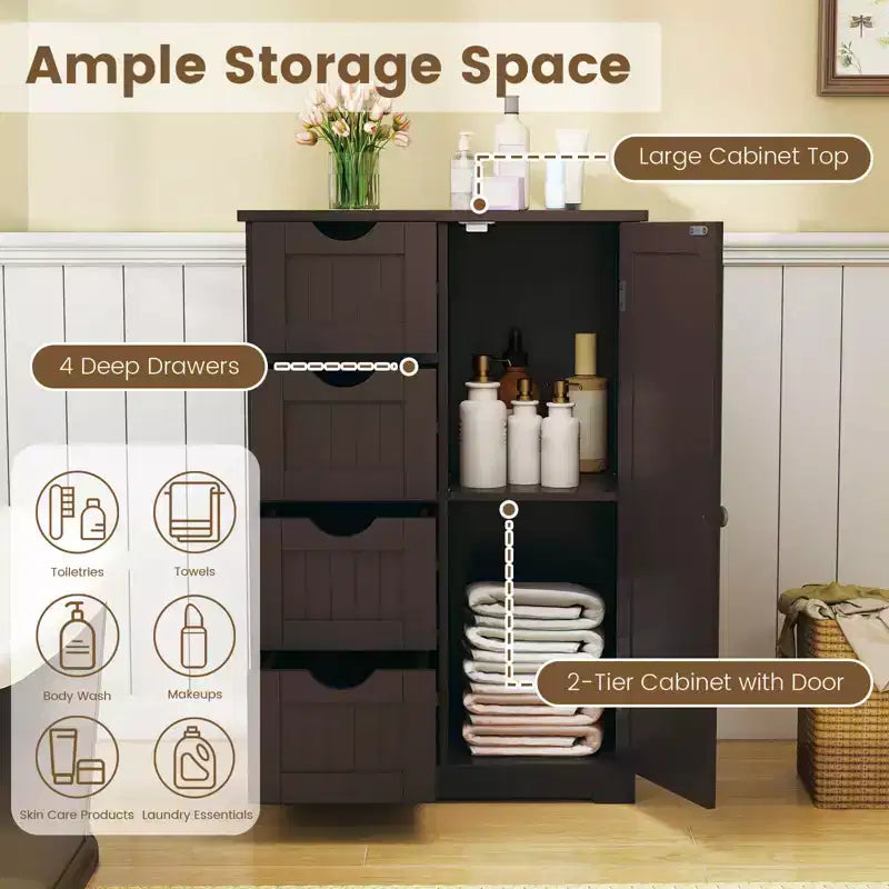 Meuble de salle de bain Costway en bois à 4 tiroirs, armoire de rangement au sol, 2 étagères, autoportant, blanc/marron/gris/noir