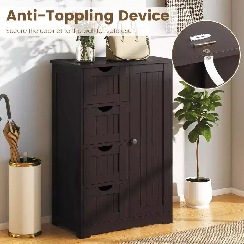 Meuble de salle de bain Costway en bois à 4 tiroirs, armoire de rangement au sol, 2 étagères, autoportant, blanc/marron/gris/noir
