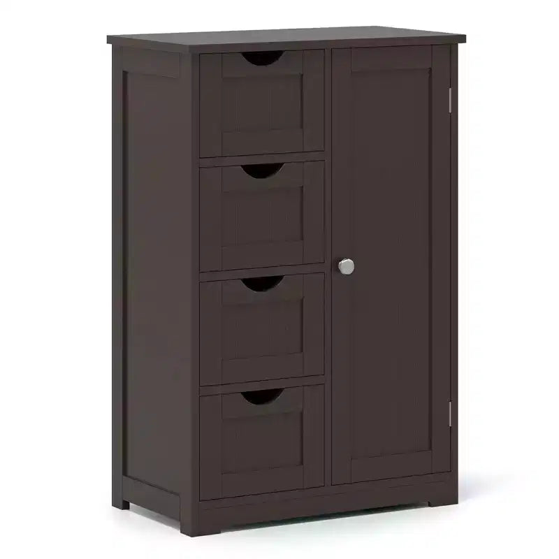 Meuble de salle de bain Costway en bois à 4 tiroirs, armoire de rangement au sol, 2 étagères, autoportant, blanc/marron/gris/noir