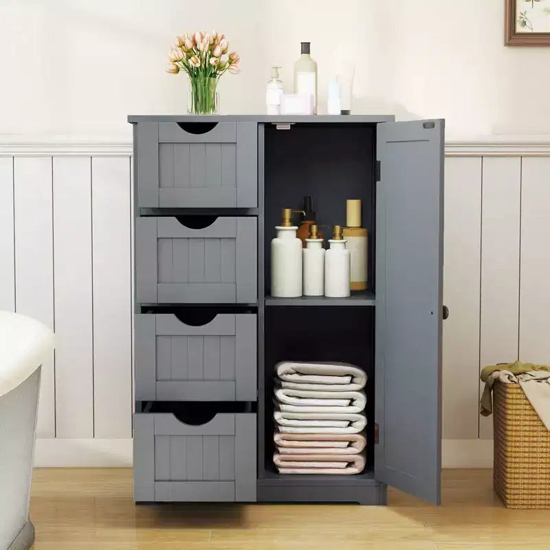 Meuble de salle de bain Costway en bois à 4 tiroirs, armoire de rangement au sol, 2 étagères, autoportant, blanc/marron/gris/noir