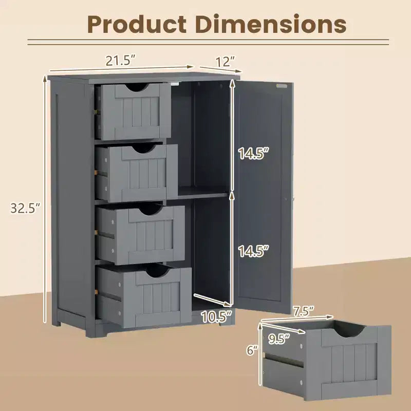 Meuble de salle de bain Costway en bois à 4 tiroirs, armoire de rangement au sol, 2 étagères, autoportant, blanc/marron/gris/noir